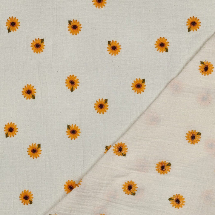 Bestickter Musselin | Sunflower Dream – Naturweiß Fadenwunsch 