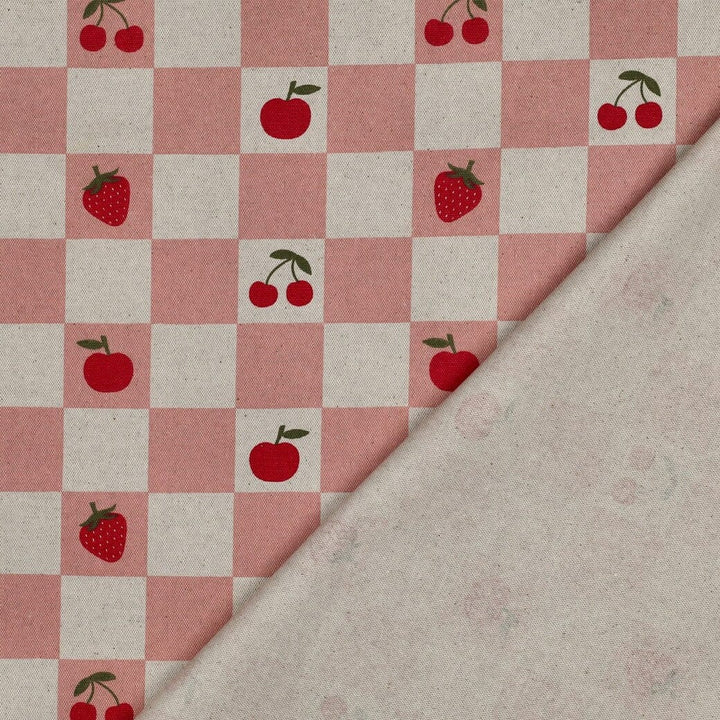 Beschichteter Canvas „Cherry Picnic“ – Karos mit Erdbeeren & Kirschen Fadenwunsch 