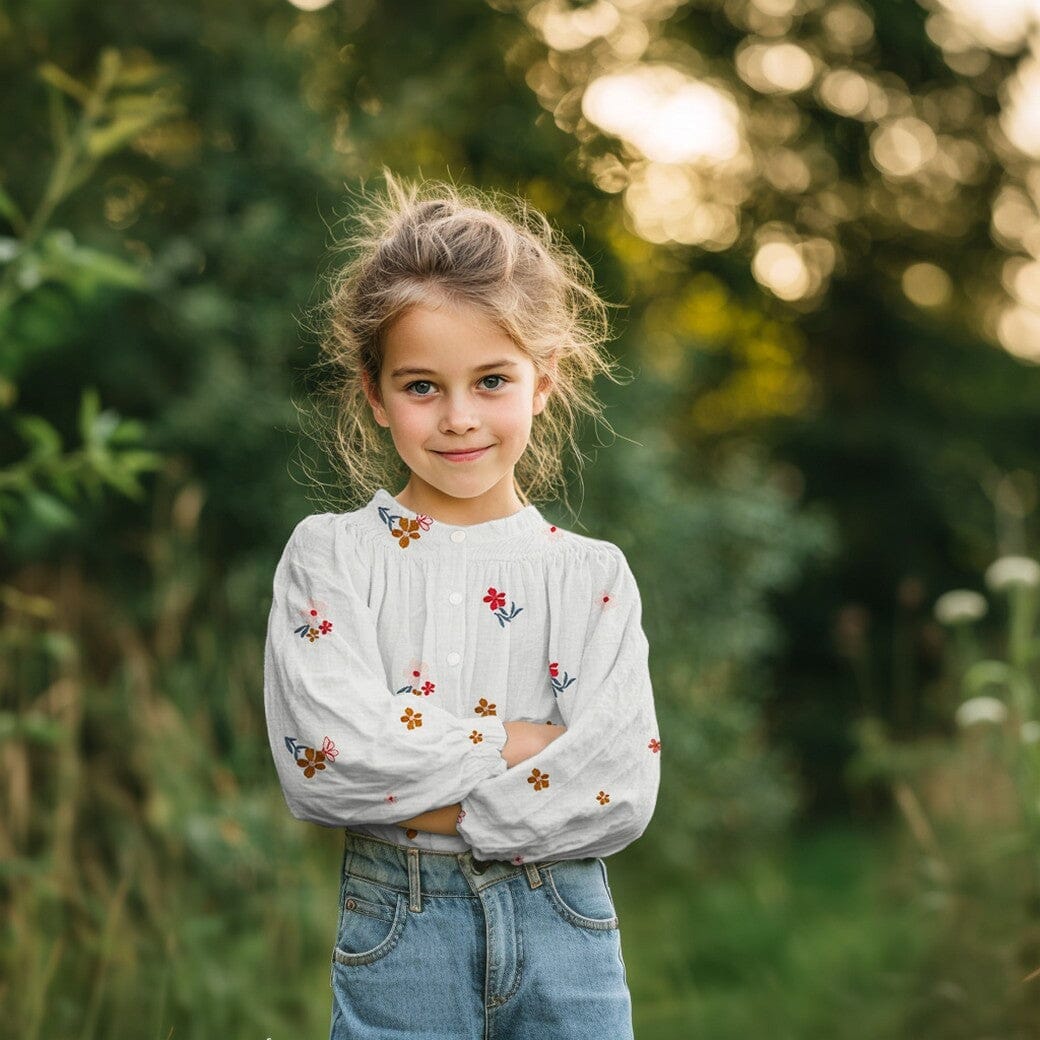 Bestickter Musselin - Blumen Naturweiß & Kamel Fadenwunsch 