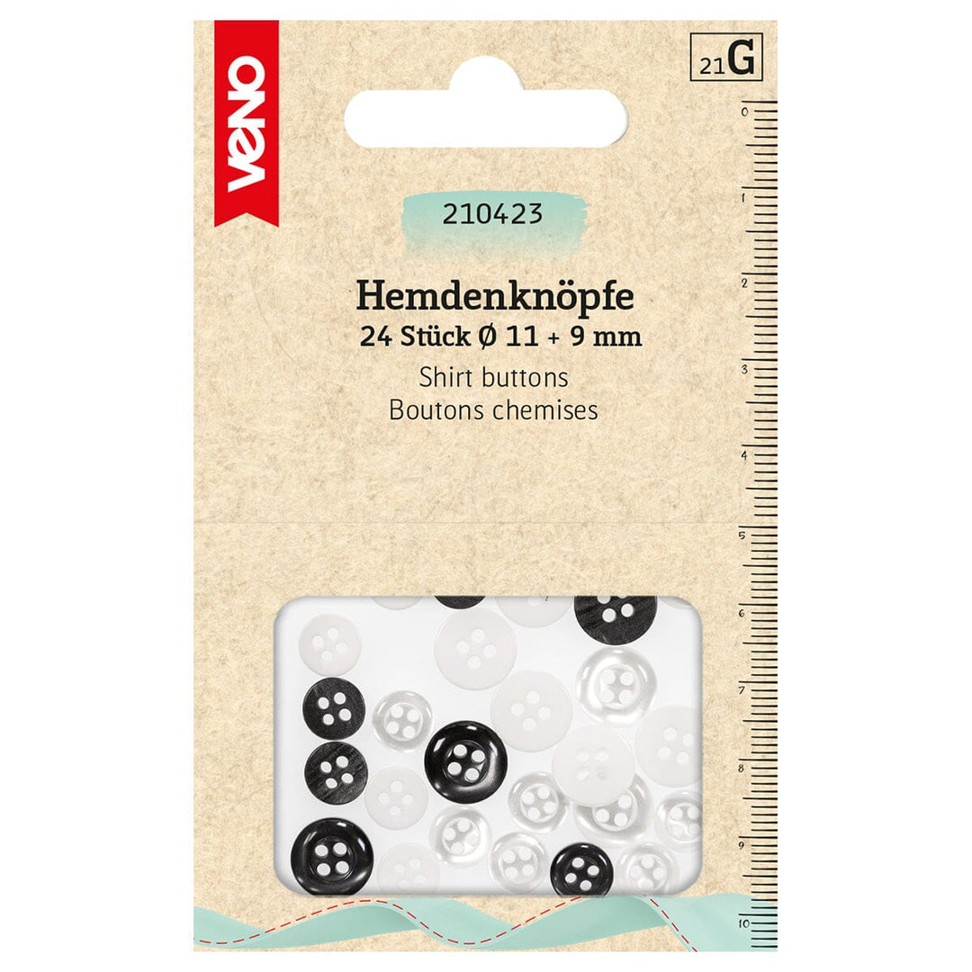 Veno Hemdenknöpfe Schwarz & Weiß – 24 Stück | 9 & 11 mm Fadenwunsch 