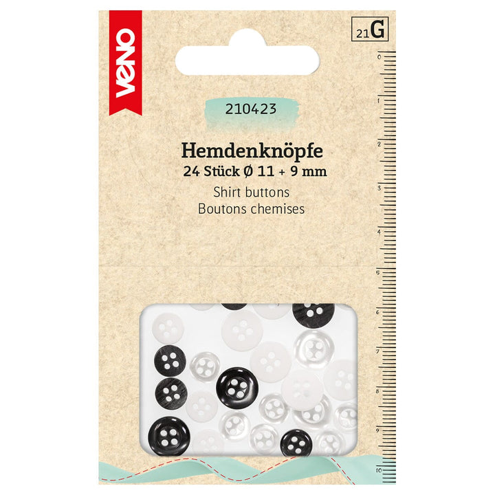 Veno Hemdenknöpfe Schwarz & Weiß – 24 Stück | 9 & 11 mm Fadenwunsch 