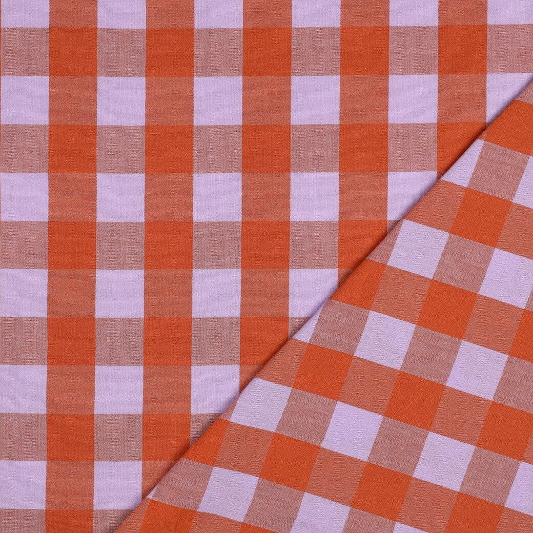 Baumwolle garngefärbt - Karos Lavendel / Orange Fadenwunsch 