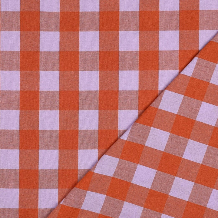 Baumwolle garngefärbt - Karos Lavendel / Orange Fadenwunsch 