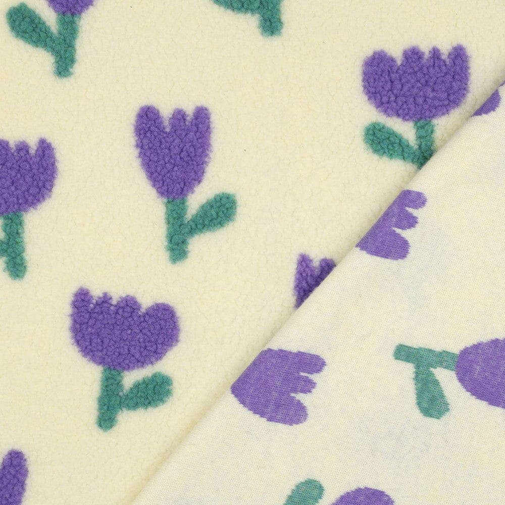 Teddystoff Jacquard - Blumen Naturweiß / Lila Fadenwunsch 