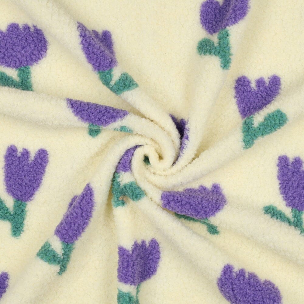 Teddystoff Jacquard - Blumen Naturweiß / Lila Fadenwunsch 