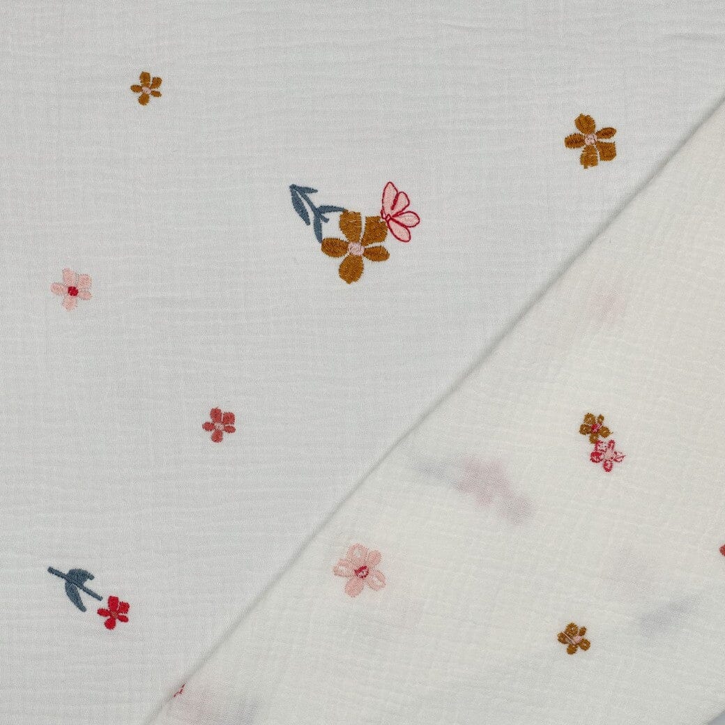 Bestickter Musselin - Blumen Naturweiß & Kamel Fadenwunsch 