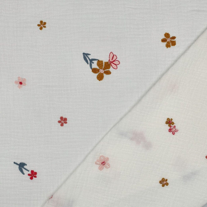 Bestickter Musselin - Blumen Naturweiß & Kamel Fadenwunsch 