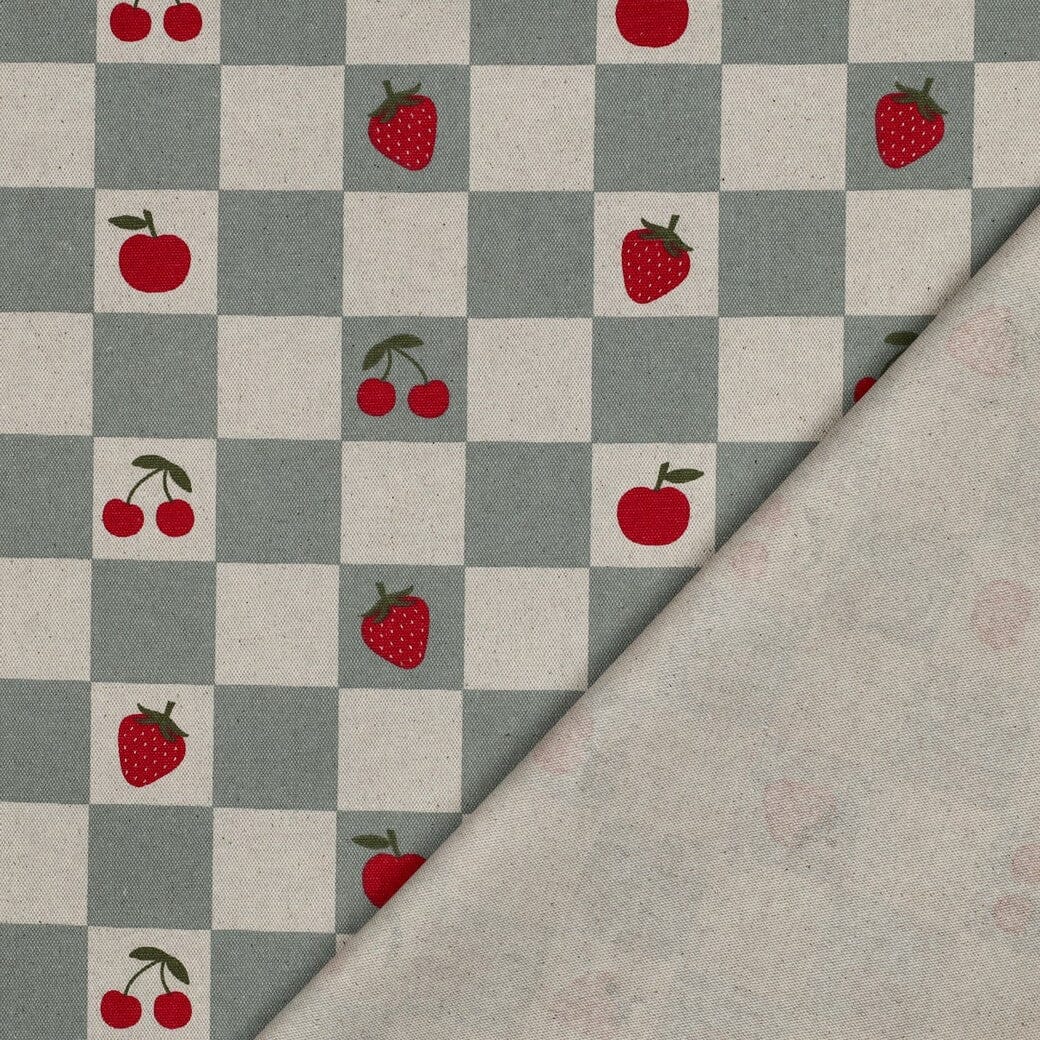 Beschichteter Canvas „Berry Check“ – Karostoff mit Erdbeeren & Kirschen Fadenwunsch 
