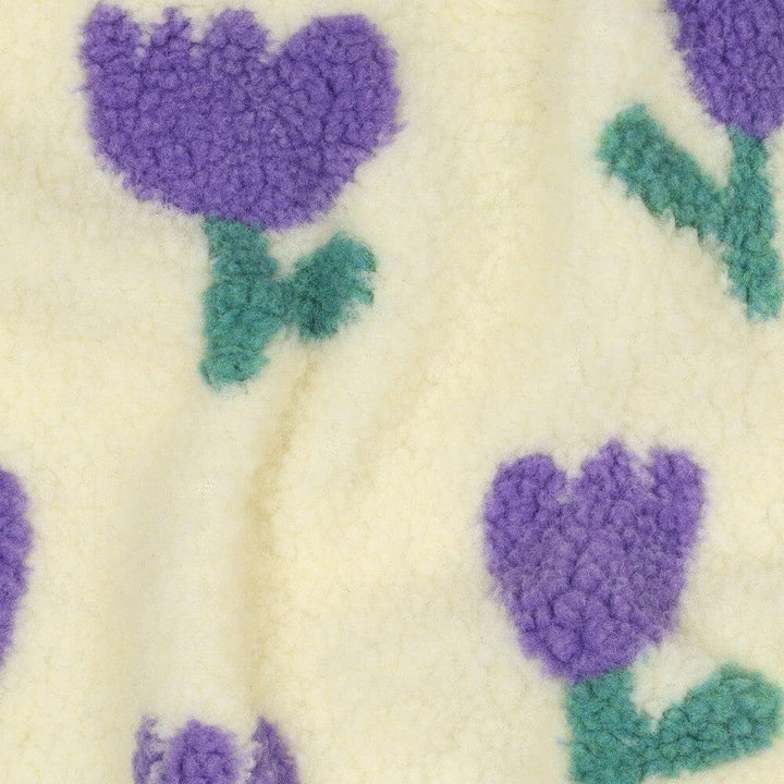 Teddystoff Jacquard - Blumen Naturweiß / Lila Fadenwunsch 
