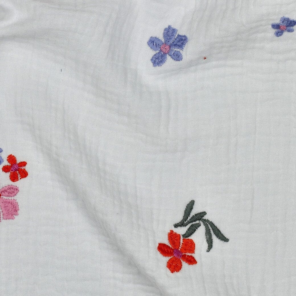 Bestickter Musselin - Blumen Naturweiß & Rosa Swafing 