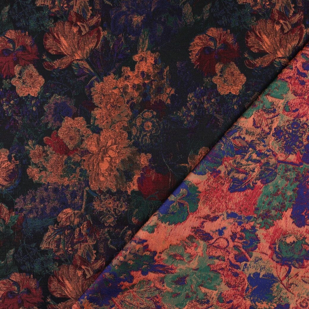 Jacquard Stoff Blumen Dunkelblau Kupfer – Gewebter Blumenstoff Poppy 