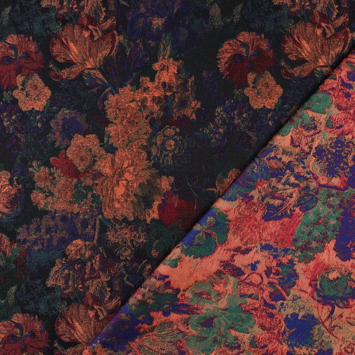 Jacquard Stoff Blumen Dunkelblau Kupfer – Gewebter Blumenstoff Poppy 
