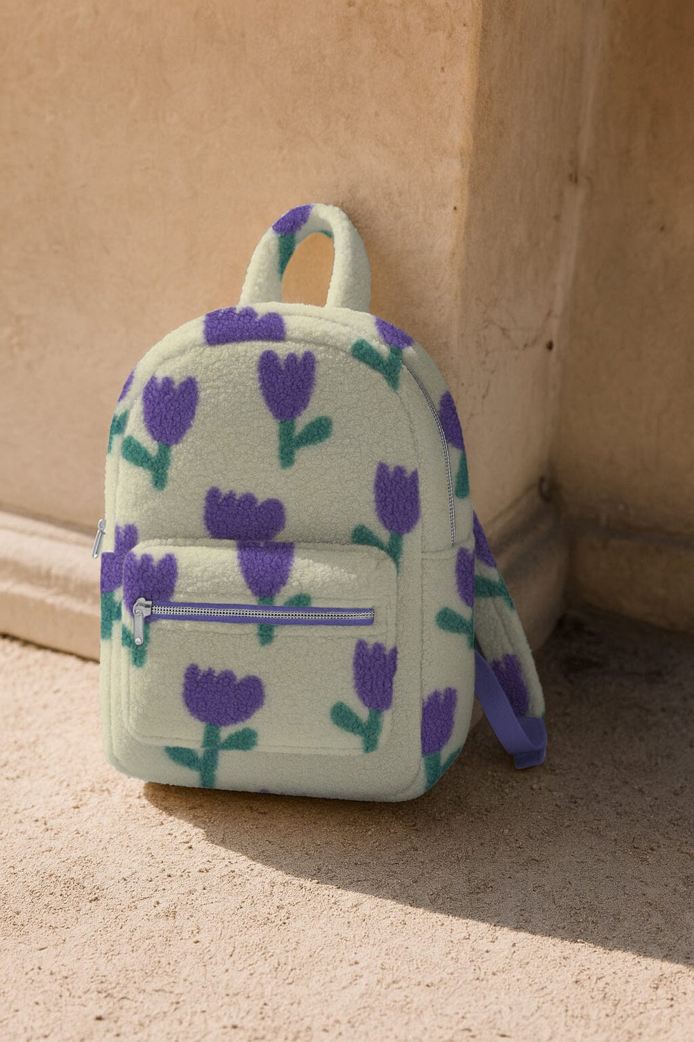 Teddystoff Jacquard - Blumen Naturweiß / Lila Fadenwunsch 