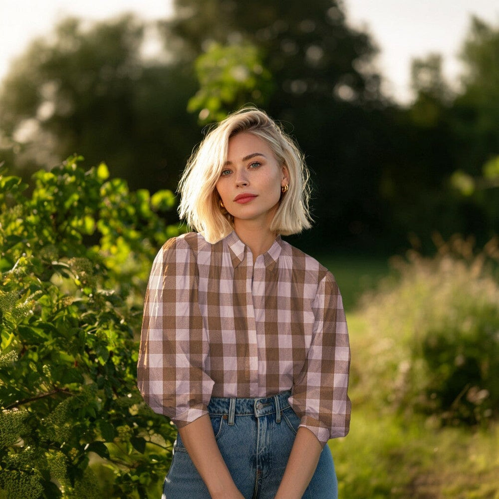 Baumwolle garngefärbt - Karos Lavendel / Orange Fadenwunsch 