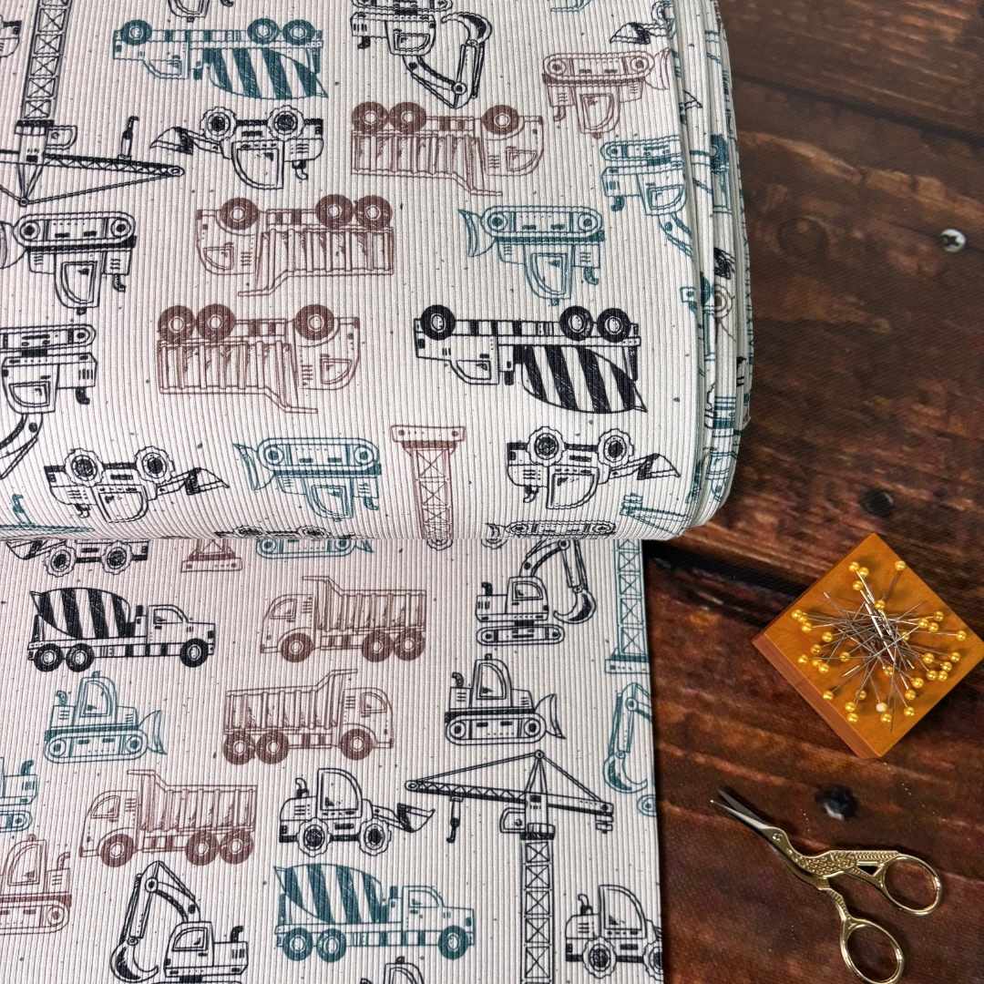 Bio-Rib-Jersey "Baufahrzeuge Beige" fadenwunsch 