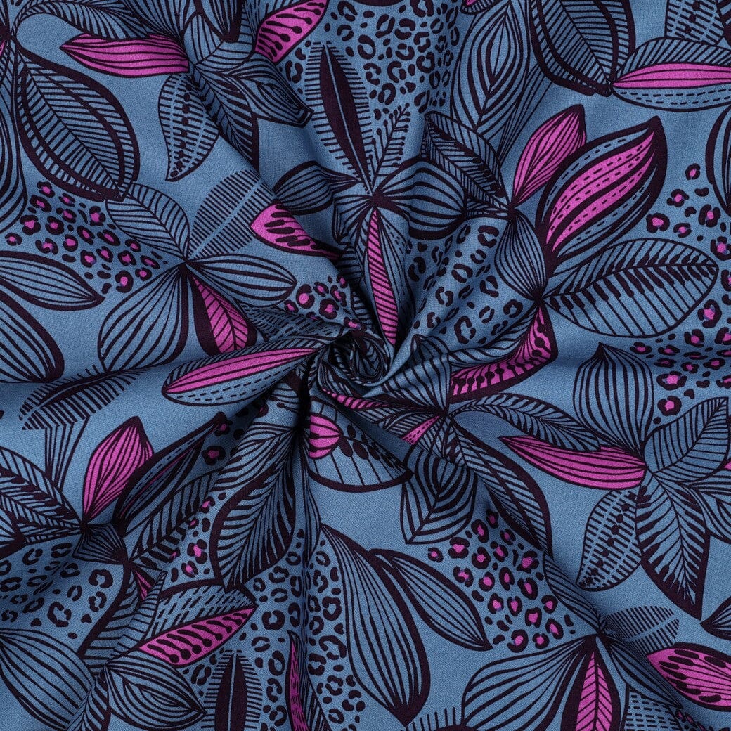 Beschichtete Baumwolle „Blätterzauber | Blau-Pink“ – wasserabweisender Popeline Stoff