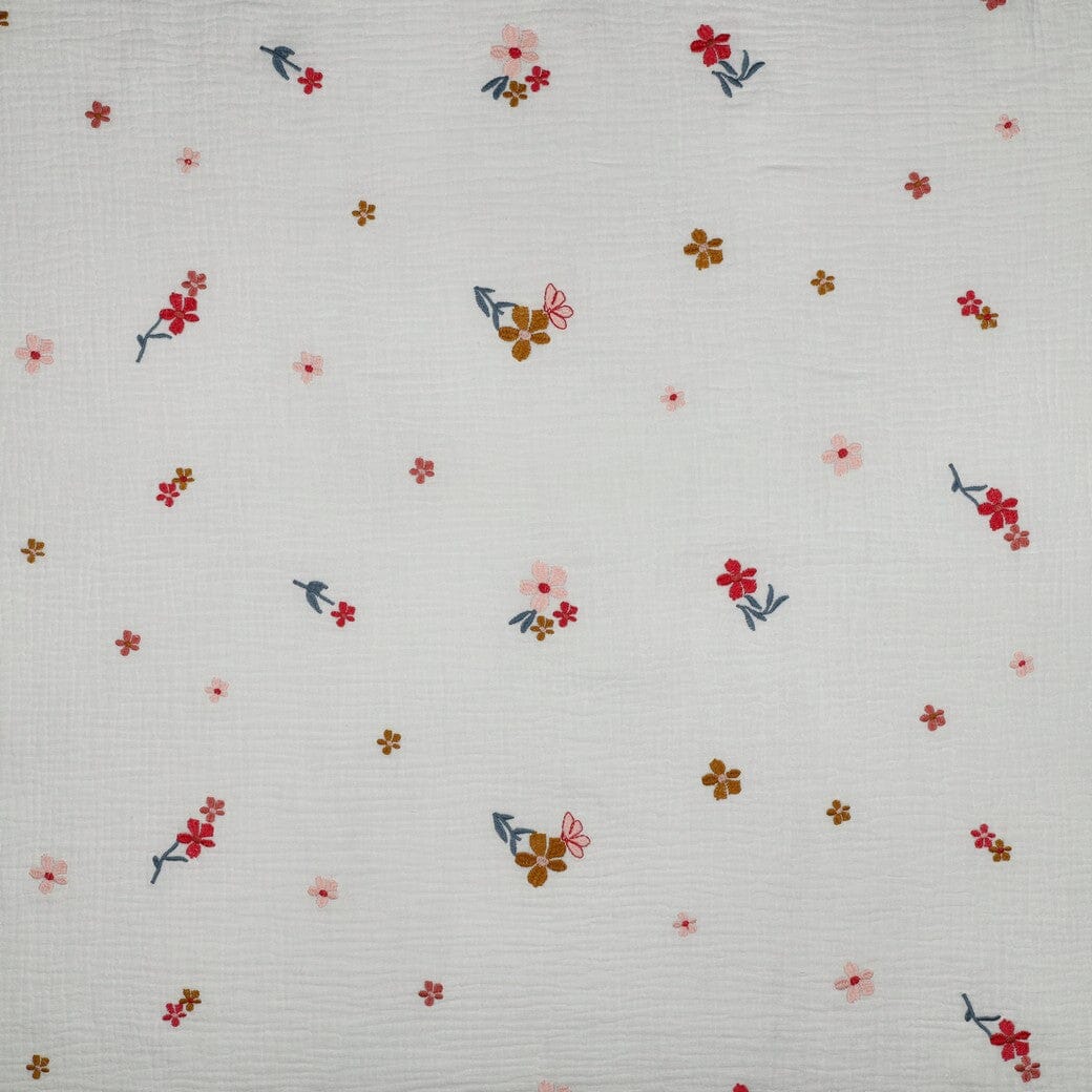 Bestickter Musselin - Blumen Naturweiß & Kamel Fadenwunsch 