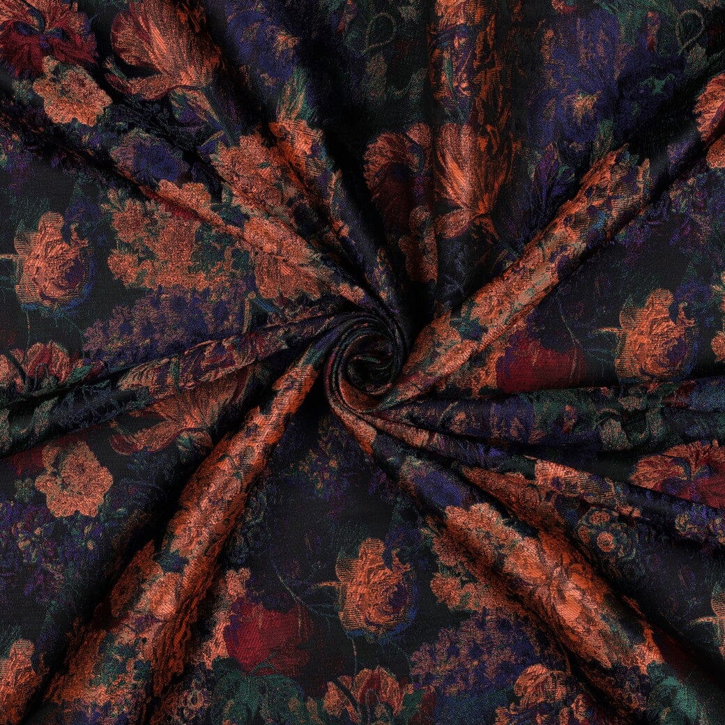 Jacquard Stoff Blumen Dunkelblau Kupfer – Gewebter Blumenstoff Poppy 