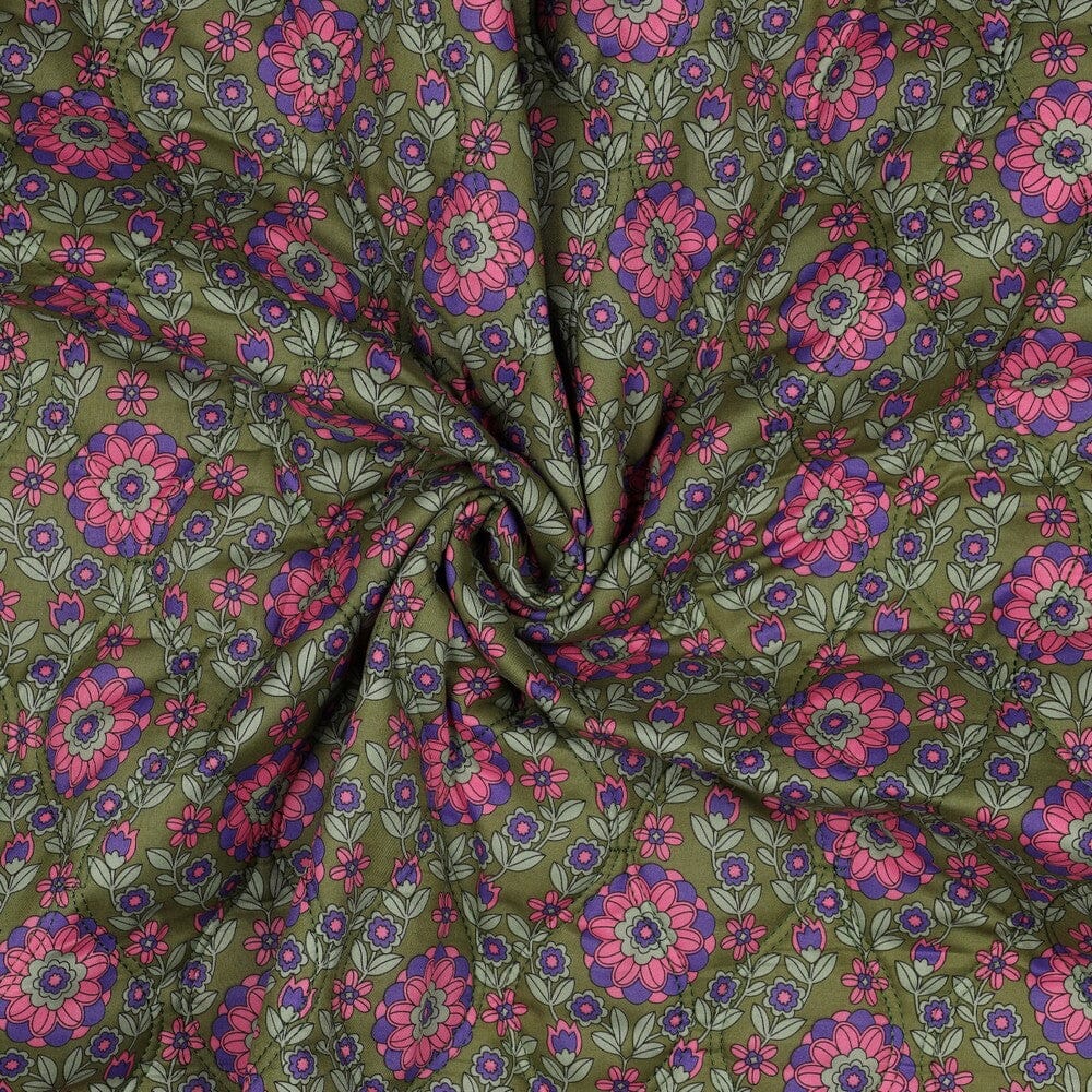 Gesteppte Baumwoll-Voile - Blumen Armeegrün Fadenwunsch 