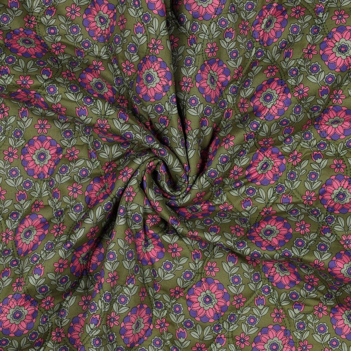 Gesteppte Baumwoll-Voile - Blumen Armeegrün Fadenwunsch 