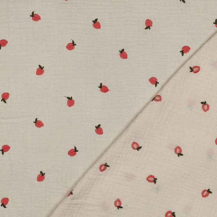 Bestickter Musselin - Natur mit Pfirsichen Fadenwunsch 