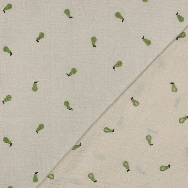 Bestickter Musselin - Natur mit Birnen Fadenwunsch 
