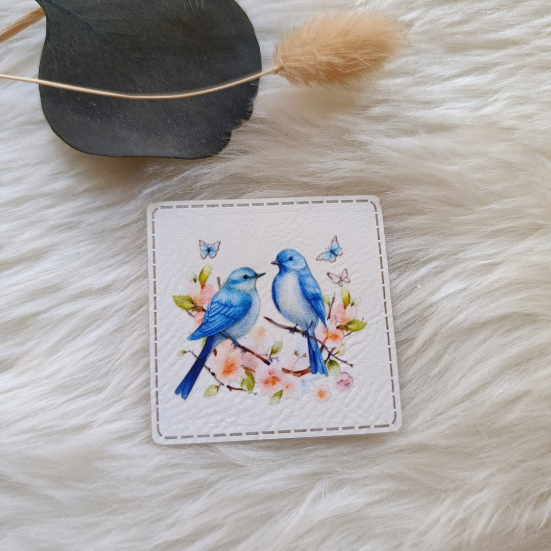 Lederlabel bedruckt „Spring Birds“ Fadenwunsch 