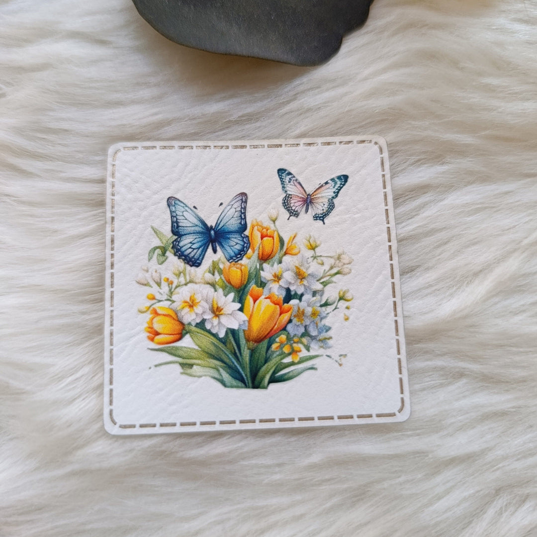 Lederlabel bedruckt „Blüten & Flügel“ Fadenwunsch 