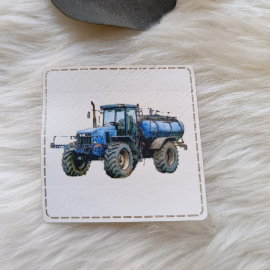 Lederlabel bedruckt „Feldheld Trecker Blau“ Fadenwunsch 