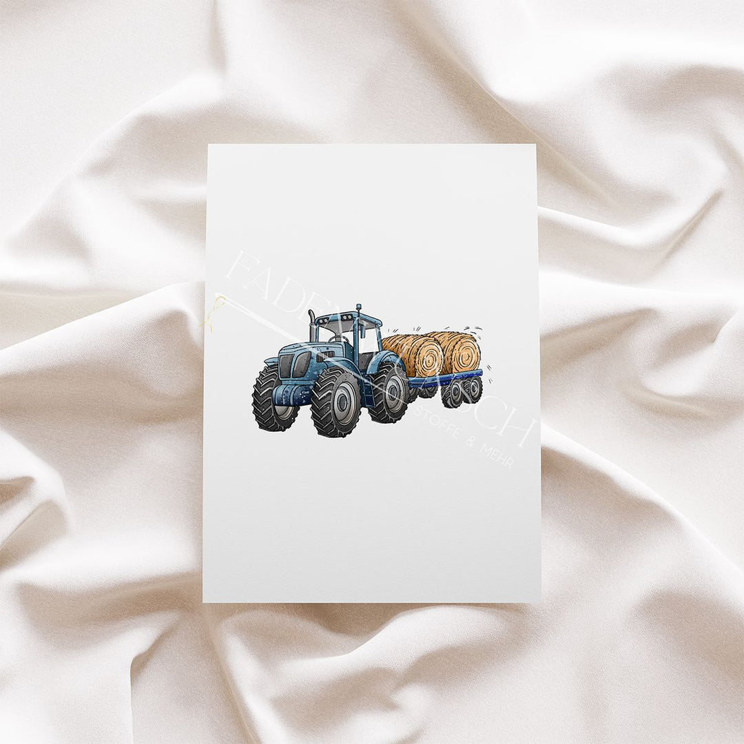 Vorbestellung | Bügelbild "TraktorTime - Trecker mit Ballenwagen Blau" fadenwunsch 